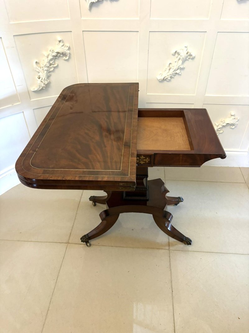 Antique English Regency Mahogany Brass Inlaid Fold Over Console Card Table - Image 13